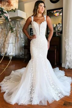 NumberSea - NumberSea Gorgeous Ivory Tulle Mermaid V - neck Lace Appliqued Wedding Dresses, MW1002 Long Wedding Dress, White Lace Wedding Dress, Back Wedding Dress, Bridal Party Dresses, Piece Prom Dress, Lace Mermaid, Formal Dresses For Weddings, Lace Mermaid Wedding Dress, Formal Dresses For Women