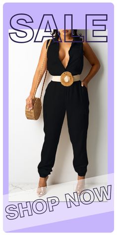 Black Casual Solid Patchwork Turndown Collar Harlan Jumpsuits Casual High-waist Jumpsuits And Rompers For Going Out, Trendy Solid Color Jumpsuits And Rompers For Vacation, Trendy High Waist Jumpsuits And Rompers For Vacation, Black High-waist Jumpsuits And Rompers For Summer, Black Jumpsuits And Rompers With Pockets For Vacation, Trendy Black Jumpsuits And Rompers For Beach, Trendy Black Non-stretch Jumpsuits, Black Non-stretch Trendy Jumpsuits And Rompers, Trendy High-waist Jumpsuits And Rompers For Going Out