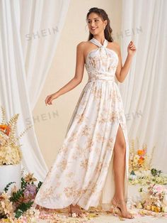 White Sleeveless Maxi Dress For Banquet, Sleeveless Chiffon Dress For Spring Banquet, Spring Sleeveless Chiffon Dress For Banquet, White Sleeveless Chiffon Party Dress, White Sleeveless Chiffon Dress For Party, Sleeveless Chiffon Dress For Wedding Guest, Flowy Sleeveless Chiffon Dress For Banquet, White Chiffon Banquet Dress, White Halter Neck Dress For Banquets