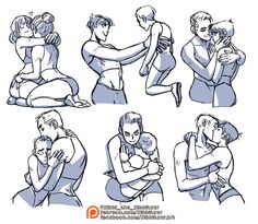 some people are hugging each other in different positions and poses, with one person holding the other