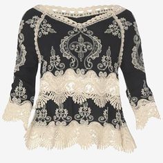 Lovers Of Lace, Rejoice! This Embroidered Detail Top, Cropped Short, Combines The Casual Boho Look With The Ultra Feminine Lace You Love! This Versatile Top Adapts To Whatever You Pair It With: Jeans Keep It Casual; Leather Pants Make It Edgy; Wide Legged Pants Make It Ethereal. Your Mood Dictates The Look! Color: Black & Cream 3/4 Sleeves Raglan Sleeves Lace Trim And Insert 23" Approx Length; Varies By Size Cotton Hand Wash Cold Separately Do Not Bleach Reshape While Damp Lay Flat To Dry Brand Embroidered Lace V-neck Top, Elegant Cream Top With Crochet Lace, Elegant Cream Crochet Lace Top, Long Sleeve Embroidered Lace Top, Embroidered Long Sleeve Lace Top, Long Sleeve Lace Top With Embroidery, Elegant Embroidered Beige Tops, Elegant Cream Tops With Intricate Embroidery, Fitted Bohemian Embroidered Lace Top