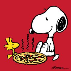 a cartoon snoopy eating pizza from a plate