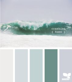 an ocean scene with the words crashing hues in white, blue and green colors