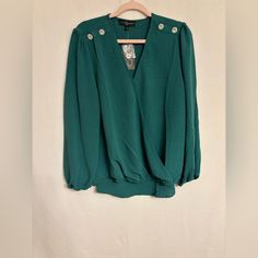 Fred David Women’s Long Sleeve V-Neck Blouse Size Large Green Color Button Detail Fall V-neck Blouse With Buttons, Green V-neck Blouse With Buttons, V-neck Buttoned Blouse For Fall, V-neck Buttoned Top For Party, V-neck Party Top With Buttons, David Green, Vintage Shirt Dress, Black Button Up Shirt, Sheer Long Sleeve Top