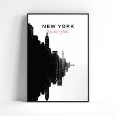 a black and white poster with the words new york in red on it's side