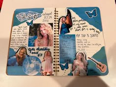 an open notebook with pictures and words on the pages, including images of women's hair