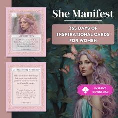 the front and back cover of she manfist's card game, which features an image of a woman with pink hair