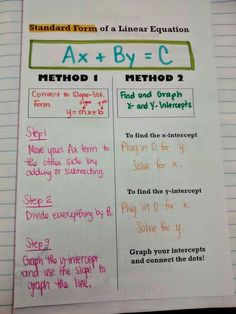 a sheet of paper with writing on it that says, standard form of linear equation