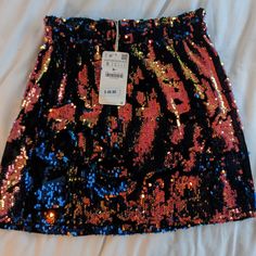 Gorgeous Skirt From Zara. Sequins Have A Blue And Orange Tinge, And The Base Of The Skirt Is A Black Velvet. Elastic Waist Is Super Flattering For All Shapes. Casual Multicolor Party Skirt, Casual Multicolor Skirt For Party, Zara Mini Skirt For Party, Multicolor Mini Skirt For Party, Multicolor Mini Skirt For Night Out, Multicolor Mini Skort For Party, Multicolor Skort For Party, Blue Mini Skirt For Party Season, Zara Mini Skort For Party