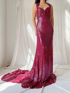 Vintage Ruby Silk Sequins Gown - L/US 12 | G O S S A M E R Glamorous Evening Gown With Long Train, Sequined Full-length Evening Gown, Sequined Full Length Evening Gown, Full Length Sequin Evening Gown, Fitted Gown With Sequins And Long Train, Fitted Evening Dress With Sequins And Long Train, Fitted Sequin Evening Dress With Long Train, Evening Full Length Gown, Evening Gown With Long Train