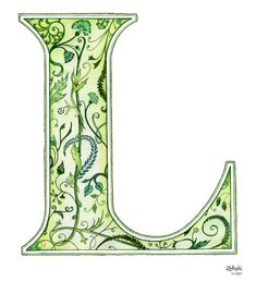 the letter u is decorated with green flowers and leaves on it's sides, as well as an intricately designed font