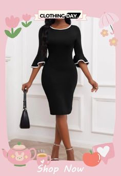 Women's Work Dress Black Party Dress Sheath Dress Formal Flared Sleeve Mini Dress Patchwork Crew Neck 3\/4 Length Sleeve Plain Regular Fit Summer Spring Chic Stretch Dress With Half Sleeves, Elegant Stretch Dress With Half Sleeves, Elegant Half Sleeve Mini Dress, Spring Sheath Bodycon Dress For Office Wear, Sheath Bodycon Dress For Office In Spring, Elegant Fitted Mini Dress With Half Sleeves, Spring Formal Half Sleeve Mini Dress, Formal Half Sleeve Mini Dress For Spring, Spring Formal Mini Dress With Half Sleeves