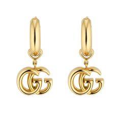 From Gucci, made in Italy, these GG Running earrings are crafted in 18k yellow gold and boast a design inspired by vintage Gucci logo designs. Each of these earrings features a GG logo charm that suspends from a huggie hoop top. These earrings measure 24mm in length. Gucci Style #: YBD58201700100U Gucci Earrings, Classy Engagement Ring, Money Inspiration, Gold Bracelets Stacked, Yellow Gold Drop Earrings, Gucci Jewelry, Golden Jewelry, Golden Earrings, Gg Logo