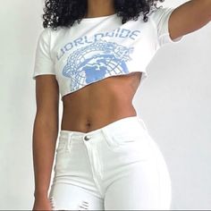 Worldwide Cropped Tee. Nwt. Size Medium. Has Stretch. I’m Selling It Because It Fits Me Big. And They Didn’t Have My Size. Other Than That I Woulda Kept It. I Love This Shirt! White Stretch Tops For Streetwear, White Stretch Crop Top T-shirt, White Stretch Trendy Tops, White Crew Neck Y2k Tops, Summer White Tops For Streetwear, White Fitted Top For Streetwear, White Summer Streetwear Tops, White Tops For Summer Streetwear, Fitted White Tops For Streetwear