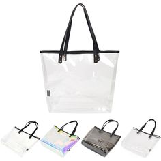 Premium Large Transparent TPU Tote w/ Vegan Leather Strap Shoulder Bag Handbag Features High quality large size durable TPU transparent tote shoulder bag Size: 17.5" (L) x 14" (H) x 6" (W). 2 Sturdy vegan leather shoulder straps with 11" drop. Made of premium environmental friendly non-toxic TPU material (not harmful PVC). Water resistant and easy to clean. Black vegan leather trim. Gold tone hardware. Come in transparent clear, semi-transparent smoke, holographic, and glitter styles. Stylish an Trendy Pvc Bags For Travel, Trendy Pvc Travel Bag, Casual Plastic Bags With Clear Strap, Trendy Shoulder Bag With Transparent Straps For Travel, Plastic Shoulder Bag, Clear Plastic Bag With Large Capacity, Large Capacity Clear Plastic Bag, Daily Use Clear Plastic Bags, Clear Satchel Bag For Travel