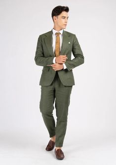 The Eldridge Juniper Green Linen Suit is crafted from pure linen fabric that exudes classic vibes with the forest green hue. Its sophisticated and refined craftsmanship will effortlessly elevate any occasion. For those seeking an effortless display of fine taste, this custom made suit is the perfect choice. Green Linen Suits With Notch Lapel, Elegant Green Linen Suits, Formal Green Linen Blazer, Green Linen Blazer For Formal Occasions, Green Linen Blazer For Tailoring, Green Linen Business Blazer, Classic Green Double Breasted Suit With Notch Lapel, Classic Olive Blazer For Formal Occasions, Classic Fitted Linen Double Breasted Suit