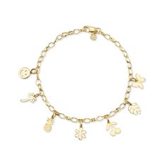 Pure 14k yellow gold multi-charm chain bracelet features a happy face, a palm tree, a pineapple, a daisy, a cherry, a monstera leaf and a butterfly. Fine 14k yellow gold belcher is 7" in total length. Yellow Gold Charm Bracelet With Dangle Shape, Yellow Gold Charms Bracelet For Good Luck, Yellow Gold Good Luck Charms Bracelets, Yellow Gold-plated Charm Bracelet With Dangling Charms, Yellow Gold Charm Bracelet, Yellow Gold Charm Bracelet With Dangling Charms, Yellow Gold Plated Charm Bracelet With Dangling Charms, 14k Yellow Gold Charm Bracelet With Dangling Charms, Symbolic Yellow Gold Bracelets With Charms