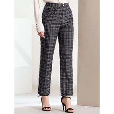 These pants are essential for dressing up or down. Lightweight fabric, covered in a plaid pattern, shapes these trendy trousers with a high-rise fit. How it is a bit high waist and how it gathers at the waist adding shape to the body. You may love everything about these trousers, from their regular fit to the elastic high-waist, which could double as a hiding mechanism for women with love handles. Style these trousers with a crop top and heels for the ultimate look. This fashionable and trendy c Trendy Plaid Bottoms For Winter, Plaid Ankle-length Pants With Pockets, Trendy Plaid Winter Bottoms, Black Houndstooth Bottoms For Winter, Black Houndstooth Winter Bottoms, Plaid Pants For Business Casual, Plaid Casual Pants For Business Casual, Plaid Trousers For Winter, Casual Houndstooth Pattern Bottoms For Winter