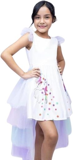 Enchanting Unicorn Design: Features a vibrant and whimsical unicorn print. Princess Ruffle Sleeves: Adds an elegant and fairy-tale touch to the dress. Detachable Long Tail: Allows for versatile styling and added fun. High-Quality Materials: Ensures durability and comfort for all-day wear. Perfect for Special Occasions: Ideal for birthday parties, dress-up play, and other celebrations. Comfortable Fit: Designed to provide a flattering and comfortable fit for your child. Available in Various Sizes Playful White Princess Dress For Dress-up, White Princess Dress For Spring Costume Party, White Princess Dress For Summer Costume Party, Summer Princess Dress With Unicorn Print For Party, Pink Princess Dress With Unicorn Print For Spring, Spring Pink Princess Dress With Unicorn Print, Summer Party Princess Dress With Unicorn Print, Whimsical White Fairy Dress For Dress-up, White Sleeveless Fairy Dress For Dress-up