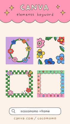 an image of some flowers and frames on a pink background with the words canva elements key