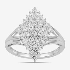 The effervescent cluster of lab-grown diamonds at the center of this ring sparkles as bright as a constellation in the night sky. The elegant band of fine 10K white gold opens in the middle to let the diamonds shine. Bright and beautiful, this ring elevates every ensemble.Ring Style: Cocktail Rings, Cluster RingsDiamond Clarity: I2Setting: ProngShape: MarquiseStone Cut: RoundStone Millimeter Measurement: 1.85 Mm Length, 1.85 Mm WidthDiamond Color: IMetal Color: WhiteRing Gallery Height: 5.3mmRin 2 Rings, Ring Style, Cocktail Ring, Cocktail Rings, White Diamond, Lab Grown, Jewellery And Watches, Fashion Rings, Fine Jewelry