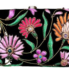 Turn heads wearing this colorful floral embroidered black velvet evening clutch bag. Be bright and bold! This exclusive design is expertly hand embroidered by master zardozi artisans. Each petal and leaf is outlined with glittery metallic gold threads and embellished with genuine semi precious stones, including garnets, turquoise, carnelian and onyx. Shop sustainably - own a handbag of exceptional quality that you will keep forever and pass down to the next generation. View more exclusive embroi Embroidered Multicolor Clutch For Evening, Traditional Multicolor Embroidered Clutch For Evening, Traditional Multicolor Embroidery Clutch For Evening, Festive Floral Embroidery Evening Bag, Multicolor Embroidered Clutch For Evening, Evening Clutch With Multicolor Embroidery And Handwork, Multicolor Evening Clutch With Zari Work, Evening Multicolor Clutch With Zari Work, Traditional Multicolor Clutch For Evening