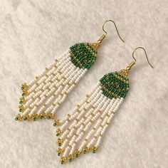 Gorgeous Christmas ornaments dangling from your ears! Sparkling beads & fun fringe! Green, Gold, & Pearly White beads! -handmade  -about 3.5in length -18k gold plated hooks Christmas Fringe Earrings, Seed Bead Christmas Earrings, Green Beaded Earrings, Ornament Earrings, Seed Bead Crafts, Holiday Earrings, Earrings Christmas, Gorgeous Christmas, Earrings Beaded