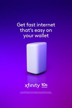 an advertisement for the xfinity 10g internet device, featuring a white cube on a purple background