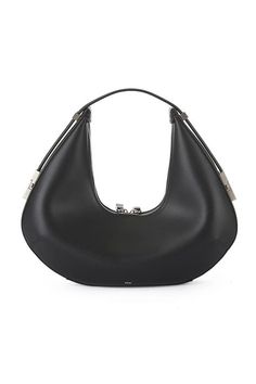 Osoi Toni hobo circle bag in black leather. 100% cow leather outer, 85% polyester 15% polyurethane lining. Weight 460g. Measurements in inches: width 11.4, height 9.8, depth 3.9, strap drop 5.7-9.45.  Made in Korea. 22FB030-102-01 PIPE AND ROW Modern Leather Hobo Bag With Zipper Closure, Modern Hobo Bag With Round Handle For Office, Office Hobo Bag With Handle Drop And Round Handle, Chic Hobo Bag With Palladium Hardware For Daily Use, Business Hobo Bag With Handle Drop, Modern Hobo Shoulder Bag With Silver-tone Hardware, Shoulder Bag With Silver-tone Hardware And Round Handle, Modern Evening Hobo Bag With Silver-tone Hardware, Black Hobo Bag With Palladium Hardware For Business