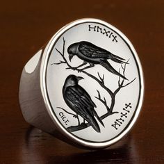 Huginn and Muninn Black Onyx Intaglio Silver Signet Ring – Olithica Huginn And Muninn, Viking Raven, Runic Alphabet, Norse Myth, Magical Jewelry, Silver Signet Ring, Contemporary Ring, Silver Engraving, Stone Gold