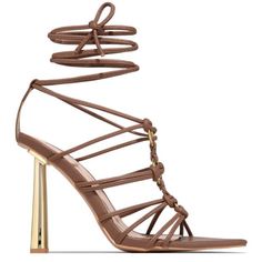 Sexy Strappy Mocha Sandals With Gold Heels. Brand New In Bag Brown Heels For Summer Party, Chic Brown Heels For Party, Chic Brown Party Heels, Brown Heels With Heel Strap For Party, Party Brown Heels With Heel Strap, Brown Heels For Spring Party, Chic Brown Heels For Evening, Chic Brown Evening Heels, Brown Wrapped Heel Sandals For Party