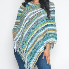 Multi Color Poncho Item Is One Size Fits 0 2 4 6 8 10 12 Or Xs S M Large Casual Blue Poncho For Spring, Blue Poncho For Beach In Spring, Blue Bohemian Poncho For Spring, Spring Blue Bohemian Poncho, Classic Sweaters, Draped Sweater, Bohemian Sweater, Sweater Boho, Preppy Women