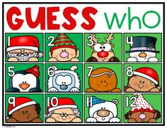 an image of guess who game with christmas hats and reindeers on the front page