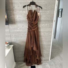 Milano Brown Y2k Formal Prom Dress Gown. Halter Neck Hi Low Appearance But Floor Length Dress. Size Small Nwt Chocolate Brown Gown, Prom Dress Brown, Brown Formal Dress, Brown Dresses Formal, Y2k Formal, Prom Dress Gown, Brown Y2k, Formal Prom Dress, Prom Dresses Gowns