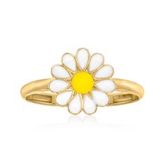 Ross-Simons - White and Yellow Enamel Daisy Ring in 14kt Yellow Gold. Size 6. A spring-inspired ring, this polished 14kt yellow gold daisy shines in white and yellow enamel. 3/8" wide. 14kt yellow gold and enamel daisy ring. White 14k Gold Flower Ring, White 14k Gold Flower Shaped Ring, Spring Yellow Gold Flower-shaped Jewelry, Spring Flower-shaped Yellow Gold Jewelry, White Enamel Ring In 14k Gold, White Spring Festival Jewelry, White 14k Gold Flower Ring Fine Jewelry, Timeless Looks, Sunflower Pendant