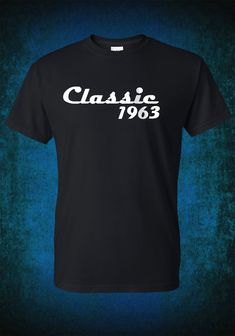 a black t - shirt with the word classic in white on it, against a blue background