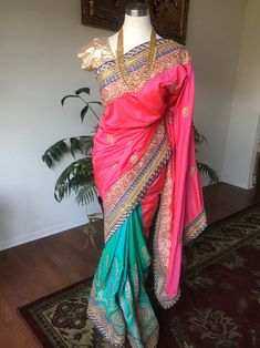 Pink & Turquoise Two-tone Sari | Etsy Bollywood Style Pre-draped Saree For Festivals, Pink Bohemian Pre-draped Saree For Festivals, Bollywood Style Multicolor Pre-draped Saree For Navratri, Bollywood Multicolor Pre-draped Saree For Navratri, Fitted Multicolor Pre-draped Saree For Festivals, Fitted Multicolor Dola Silk Pre-draped Saree, Designer Multicolor Pre-draped Saree, Festive Bohemian Art Silk Pre-draped Saree, Multicolor Pre-draped Saree With Zari Work