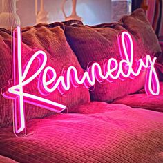 Kennedy Name Neon Sign, adding a personalized glow to your space - from manhattonneons.com. Dorm Room With Neon Sign, Dorm Room Name Signs, Dorm Room Led Signs, Dorm Room Signs, Pink Neon Name Sign, Neon Name Sign, Hot Pink Led Sign, Business Signage, Neon Glow