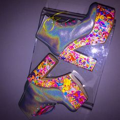 These were FEATURED ON LANA DELRAYS Insta as well as Lisa Frank herself. Simply gorgeous, sticker collage is fully sealed, extremely high quality all professional materials used. Mega platform wedge glitter leather ankle boots with your favorite iconic 90's stickers! Leather uppers with bold hand collaged sticker wood platforms. These take me about 5 hours per pair over a series of days to let the layers of sealant dry between coats. Completely customizable in your size and preferences. Let me k Trendy Party Boots With Wedge Heel, Trendy Wedge Heel Party Boots, Summer Party Boots With Wedge Heel, Fun Round Toe Party Heels, Fun Party Heels With Round Toe, Party Platform Multicolor Boots, Fun Round Toe Heels For Party, Lisa Frank, High Heel Wedges