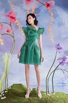 Odile Ruffle Shoulders Dress – MEAN BLVD Party A-line Dresses With Bow, A-line Party Dress With Ruffles, Evening A-line Organza Mini Dress, Summer A-line Organza Evening Dress, Chic A-line Organza Dress, Elegant Summer Dress With Sashes, Green Organza Dress For Spring, Formal Summer A-line Belted Dress, Spring Prom Mini Dress With Bow