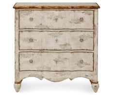 an old white dresser with drawers and knobs on the bottom drawer, isolated against a white background