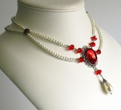 pearl Victorian necklace red crystal silver Signora Verena Red Pendant Necklace, Teardrop Pearl Earrings, Victorian Necklace, Acrylic Gems, Red Pendants, Handmade Wire Jewelry, Red Crystals, Sapphire Blue, Matching Necklaces