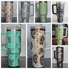 many different types of coffee mugs are shown in this collage with the same design