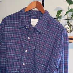 -Style: Plaid Festive Button Down -Brand: American Eagle Outfitters -Size: Large -Color: Purple -Made In Vietnam -Material: 100% Cotton -Pit To Pit: 21” -Length: 29” -Sleeve: 26” -Tags: Pastel, Classic, Retro, Casual, Lounge, Streetwear, Transitional, Comfy, Basic, Designer, Golf, Dress Up, Date Night, Vintage, Active Wear, Performance, Yoga, Hiking, Medical, Work, Cargo, Business Casual, Vacation, Distressed, Rare, Thrift, Tags, Labels, Pristine, Worn, Y2k, 70s, 80s, 90s Christmas And Easter Vi Cotton Flannel Shirt With Button Closure, Plaid Cotton Shirt With Button Closure, Blue Flannel Shirt With Buttons For Work, Blue Buttoned Flannel Shirt For Work, Casual Cotton Flannel Shirt With Button Closure, Casual Plaid Shirt With Button Cuffs, Everyday Blue Button-up Flannel Shirt, Blue Button-up Everyday Flannel Shirt, Plaid Shirt With Buttons, Relaxed Fit