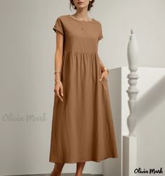 Olivia Mark - Sleeveless Loose Fit Cotton Linen Dress with Solid Color and Pocket Linen Loose Dress, Loose Summer Dress, Solid Midi Dress, Estilo Harajuku, Solid Maxi Dress, Dress Sleeve Styles, Cotton Linen Dresses, Solid Color Dress, Maxi Robes