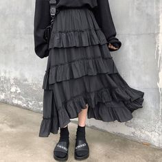 Goth Lolita High Waisted Asymmetrical High Low Ruched Ruffle Skirt   Size Waist Width(cm) Waist Relaxed(CM) Hip Width(cm) Skirt length(cm)   One Size 64 elastic waist loose 75~84 Long Ruffled Skirt, Ruffle Skirts, Goth Skirt, Asymmetrical Midi Skirt, Ruched Midi Skirt, Skirts Women, Womens Maxi Skirts, Dress Cake, Long Skirts For Women