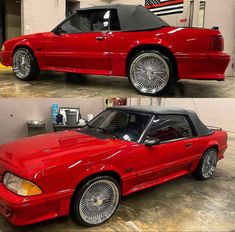 two pictures of a red car in a garage