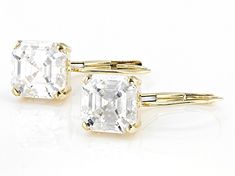 Moissanite Fire® 3.70ctw diamond equivalent weight asscher cut, 10k yellow gold earrings. Measures 5/8" L x 1/4" W and have lever backs. Actual moissanite weight is 3.22ctw. Yellow Gold Earrings, Asscher Cut, Yellow Gold Earring, Gold Earrings, Yellow Gold, Yellow, Gold