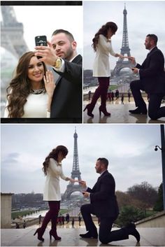 a man kneeling down next to a woman in front of the eiffel tower