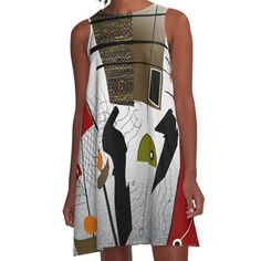 Loose-fit, mid-length sleeveless dress with silky handfeel. Printed on both sides. Machine washable. Size range XS-2XL. Mid-century modern funky abstract inspired by the time period. Abstract shapes, intersecting lines, circles. Elegant Multicolor A-line Sleeveless Dress, Modern A-line Midi Dress For Summer, Modern A-line Sleeveless Dress For Spring, Modern Sleeveless Evening Dress For Summer, Modern Multicolor Spring Dresses, Modern White Sleeveless Midi Dress, Modern Fitted Sleeveless Summer Dress, Modern Sleeveless Summer Dress, Modern Summer A-line Mini Dress